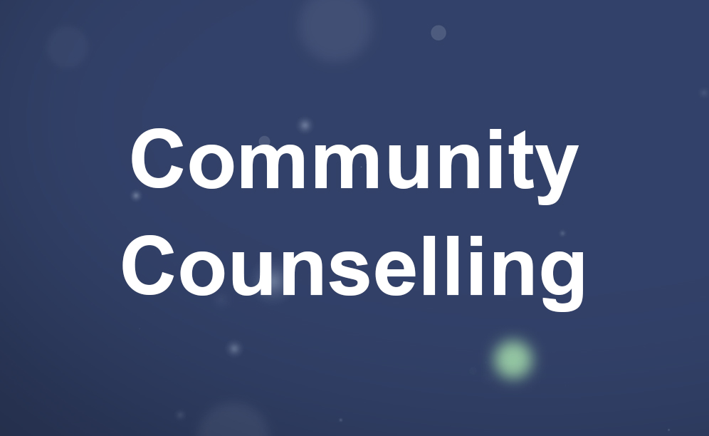 Graphic that says "Community Counselling". The background is navy blue.
