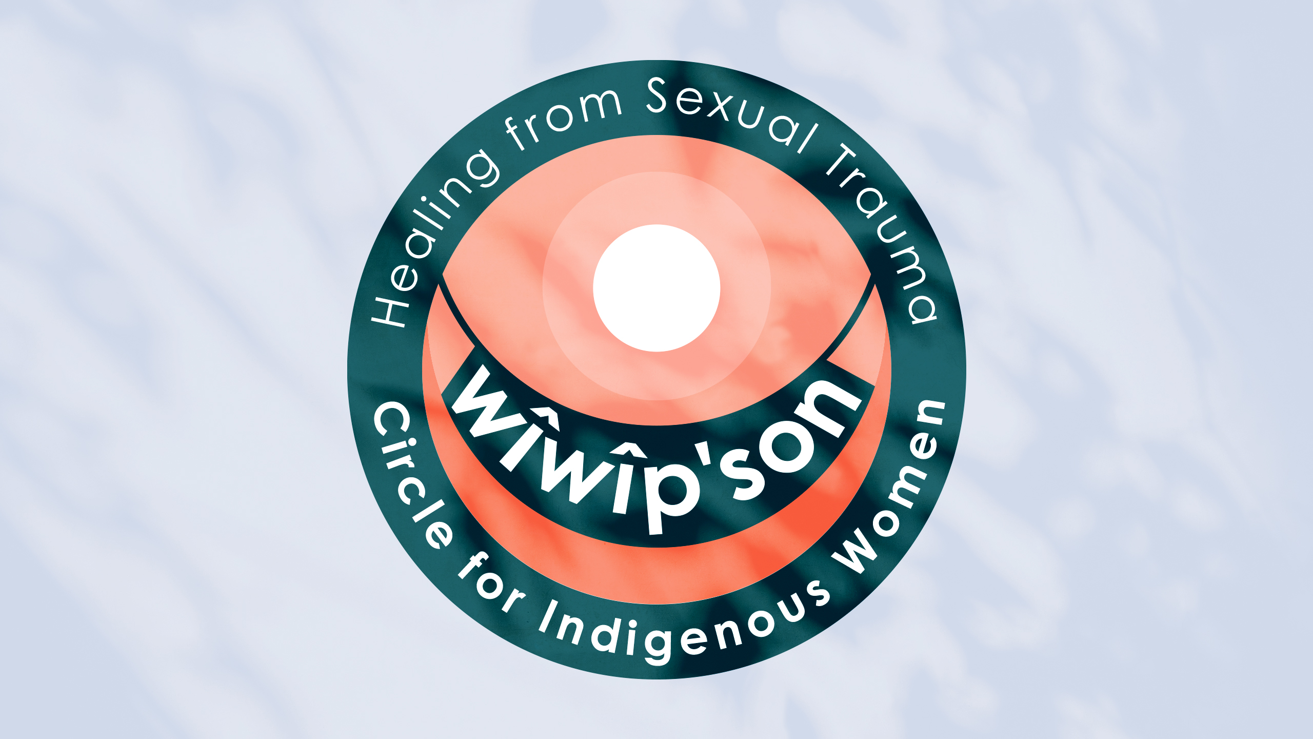 Teal and coral graphic that says "Wîwîp'son Healing from Sexual Trauma Circle for Indigenous Women", arranged into the shape of an Indigenous baby swing