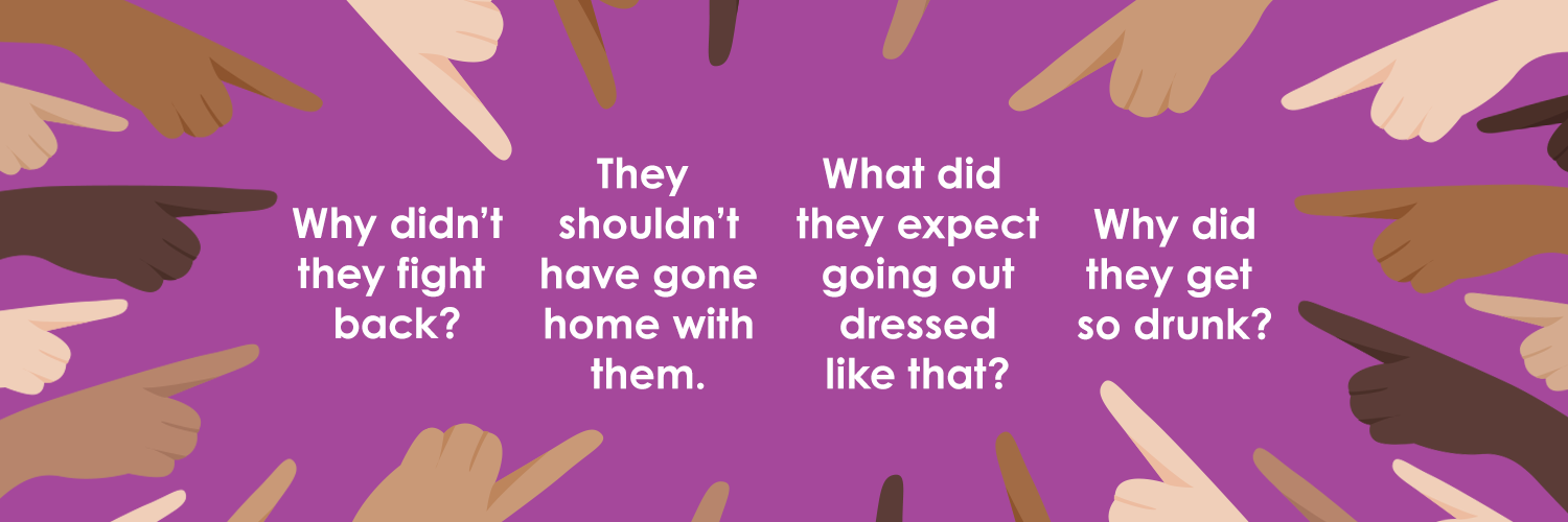 An image of many fingers pointing at 4 examples of victim blaming questions: why did they get so drunk? What did they expect going out dressed like that? They shouldn't have gone home with them. Why didn't they fight back?