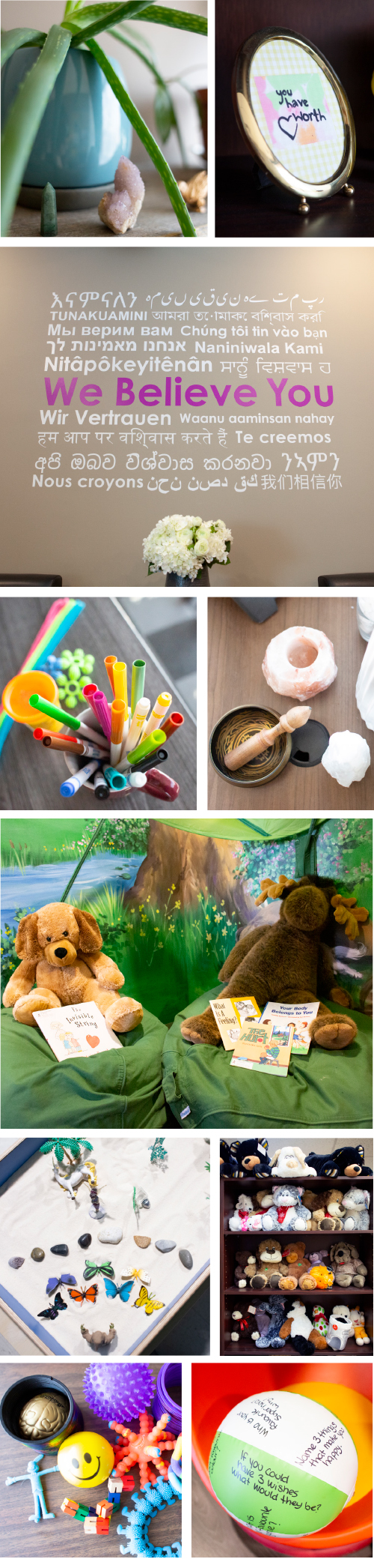 A wall graphic reading "We Believe You" in many languages is surrounded by pictures of various therapeutic items and messages from the SACE offices