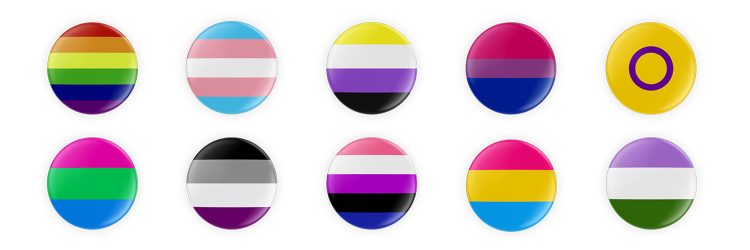A variety of colourful LGBTQ2S+ buttons on a white background