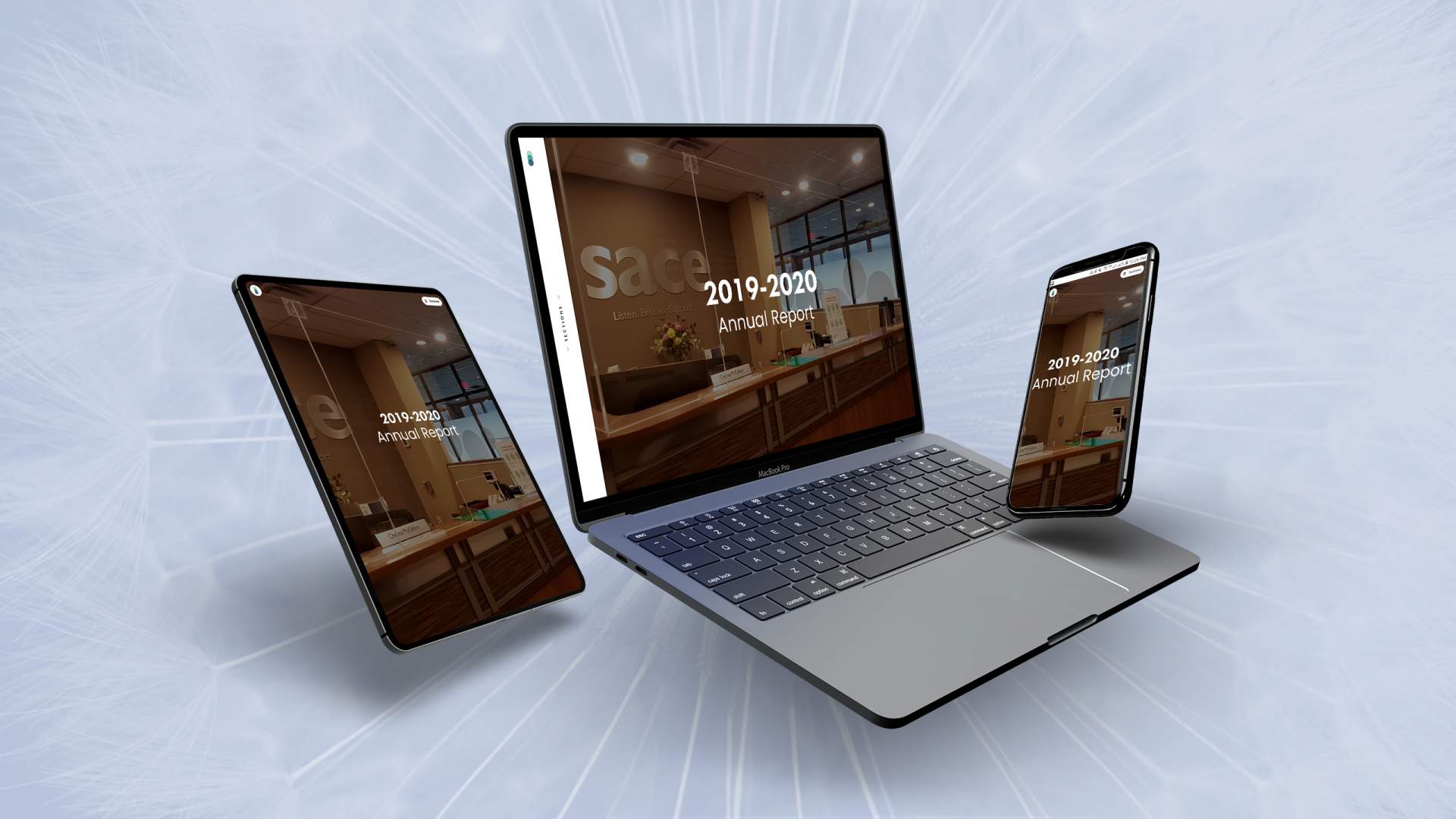 Display of SACE annual report 2019-2020 on laptop, tablet, and smart phone