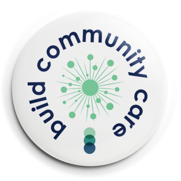 White button that reads "build community care" with green circle and SACE logo