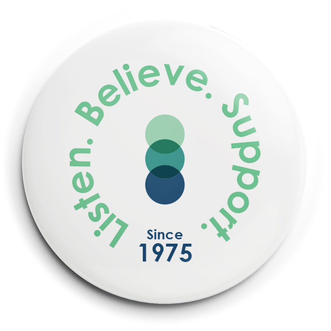 White button that reads "Listen. Believe. Support since 1975" with the SACE logo in the middle