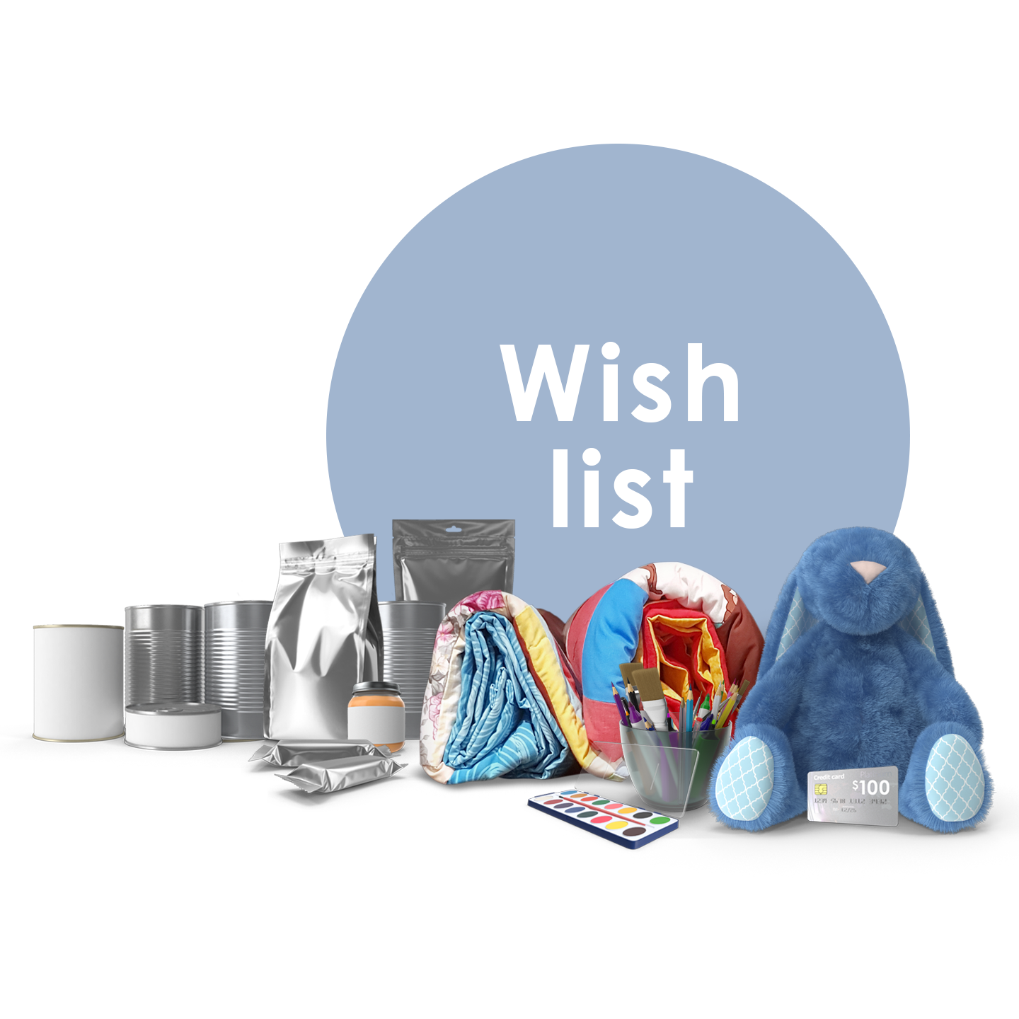Light blue circle with text that reads "Wish list" with cans of food, blankets, art supplies, stuffed rabbit and gift card.