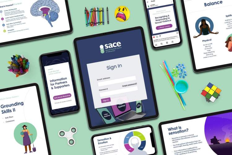 Psycho Education Mockups Copy Psychoeducation session materials are displayed on tablets, phones, and handouts, resting next to emotional regulation tools, fidget toys