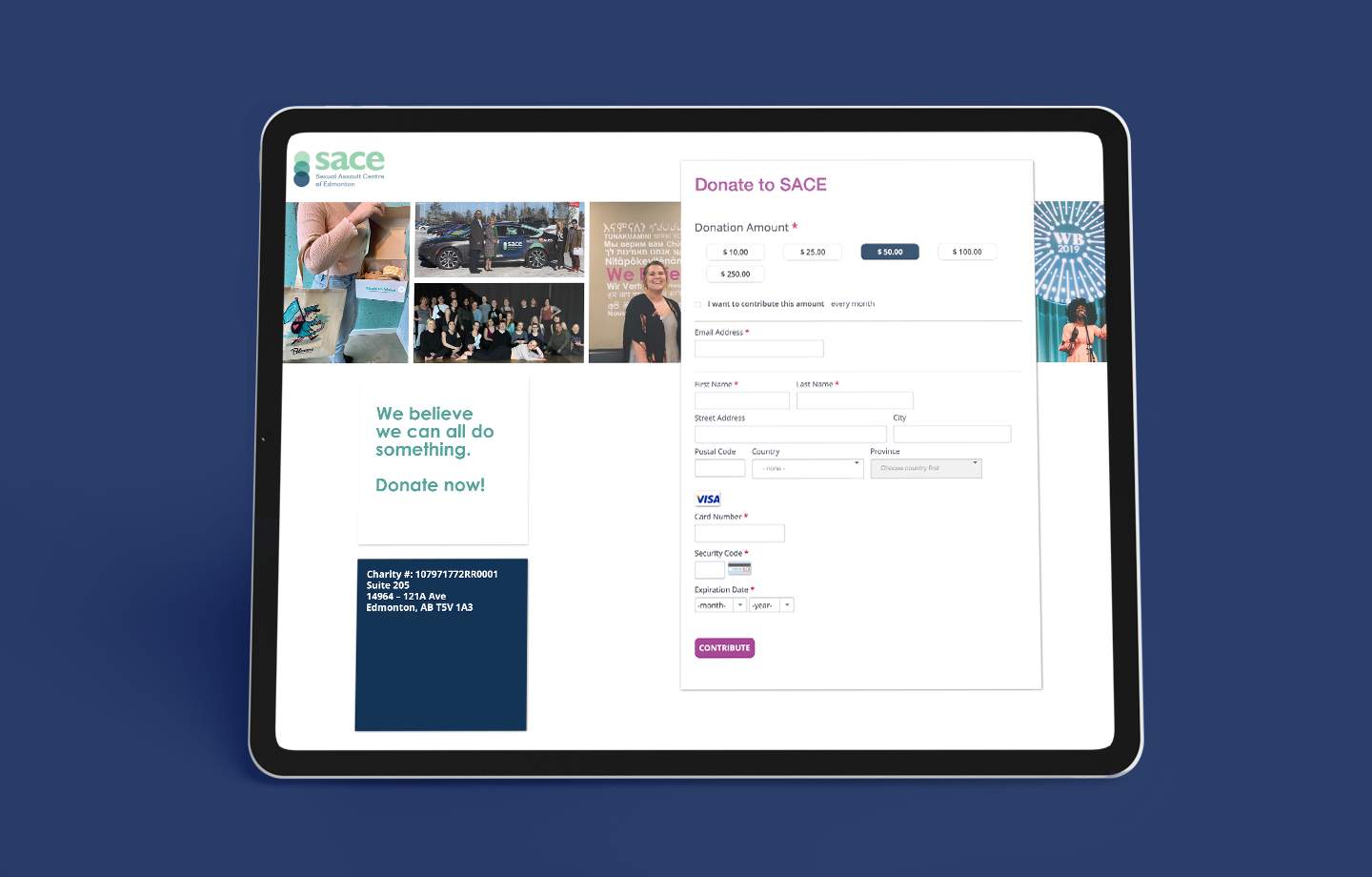 A tablet displays the webpage to donate to SACE, with photos of recent fundraisers to the left