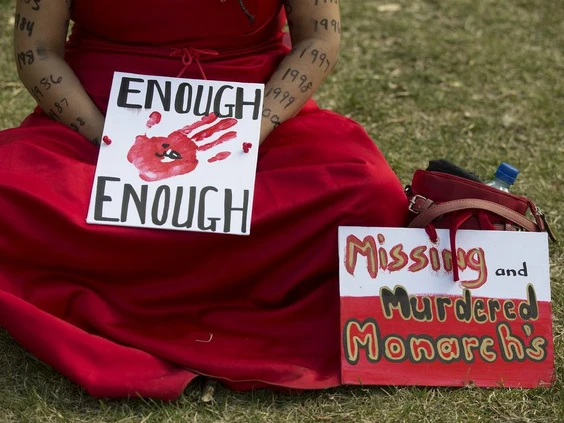 An image from the Edmonton Journal article features the lower portion of a woman in a red dress holding a sign that reads "enough is enough" for Red Dress Day, a national day of awareness for missing and murdered indigenous women and girls