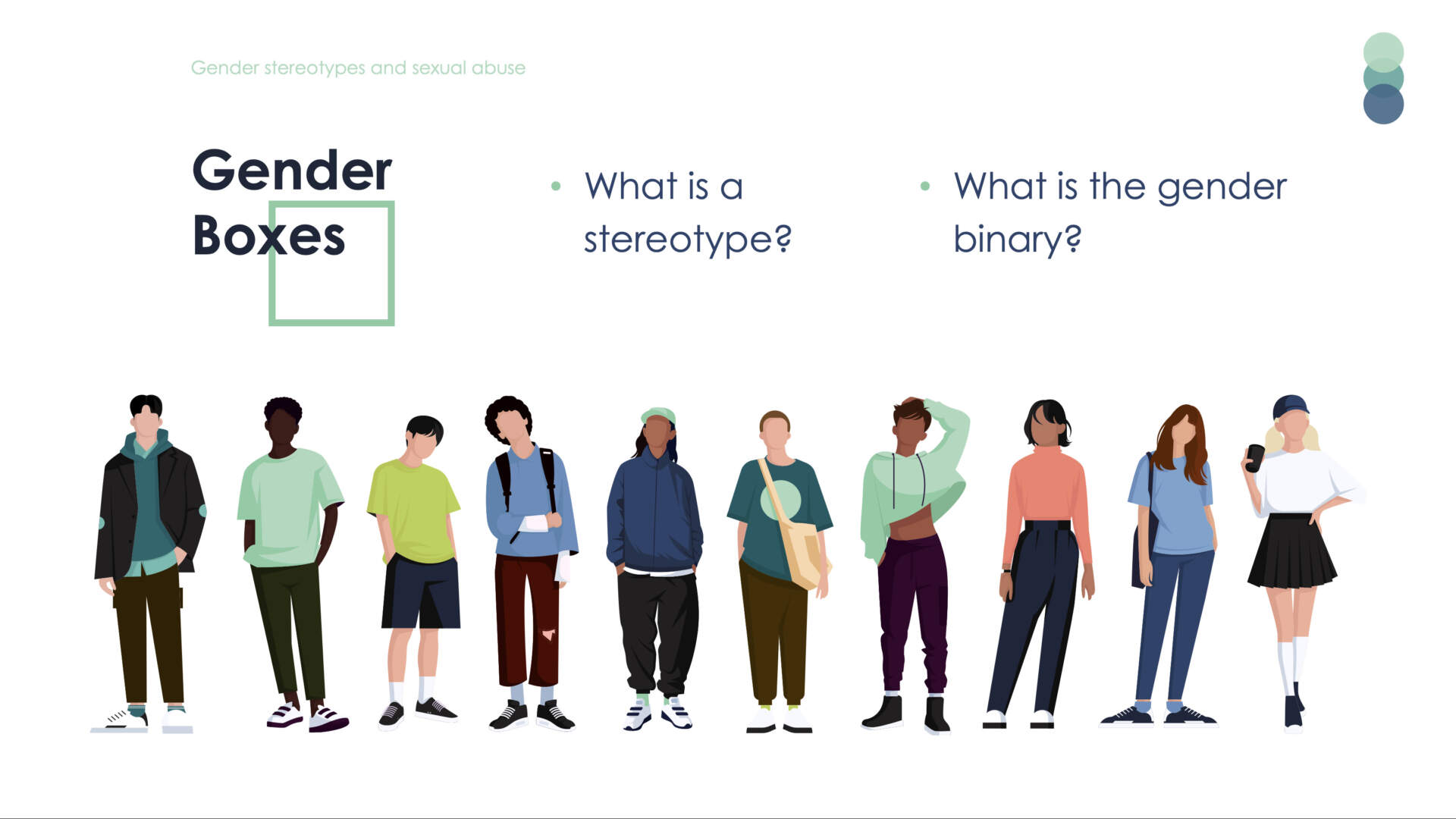 Ten stylized illustrated individuals of diverse genders and backgrounds stand casually in a row as if waiting for a bus.