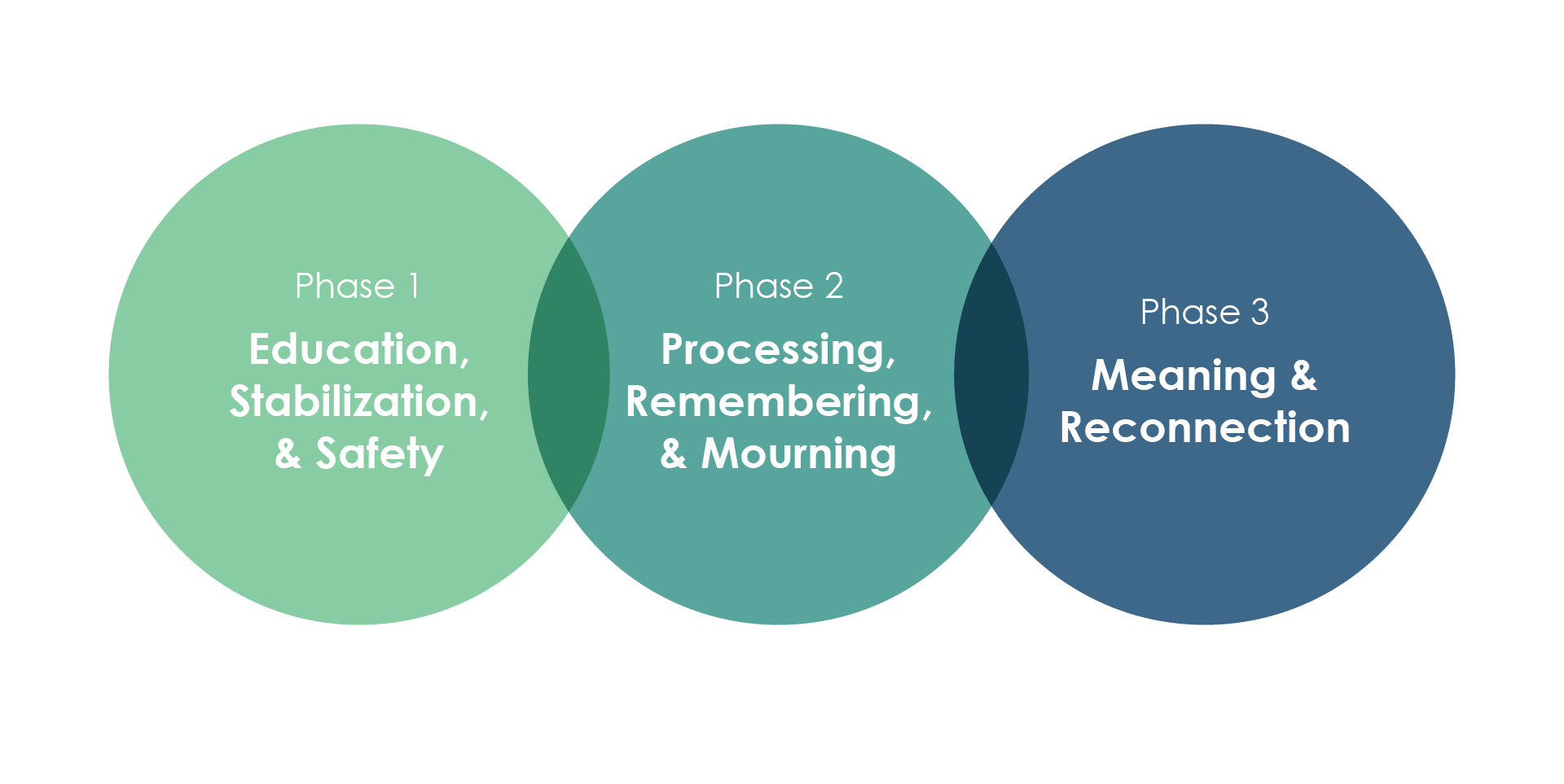 Triphasic Model: Phase one: Education, stablization and safety, Phase two: Processing, remembering, & mourning, Phase three: Meaning & reconnection