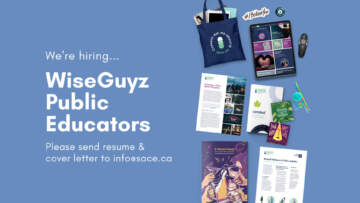 Blue background with education supplies and text that says We're hiring WiseGuyz Public Educators, please send resume and cover letter to info@sace.ca