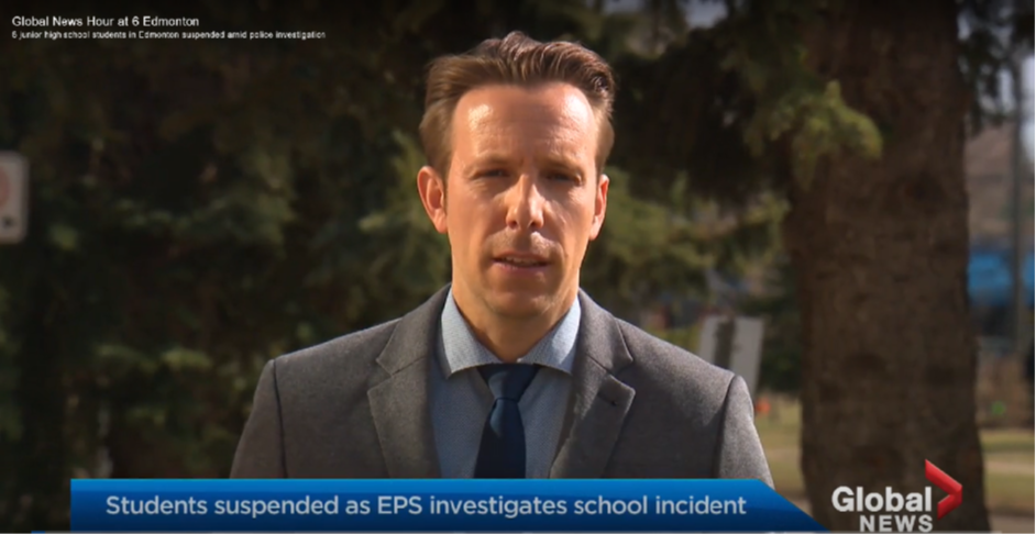 Image of Dan Grummett with report title "6 Edmonton junior high students suspended as police investigate sex assault involving youth"