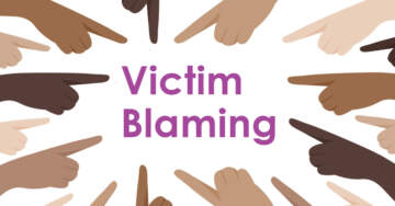 An illustration highlights the words "victim blaming", surrounded by many hands pointing at it