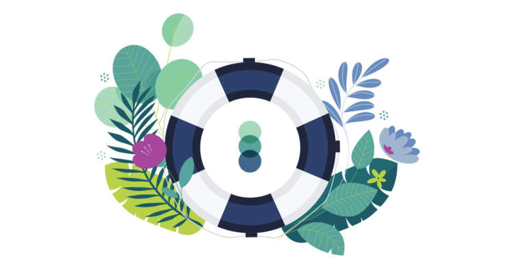 An illustration of a life preserver resting among plants and with the SACE logo icon in the background symbolizes the security and stability SACE services and our team, including our staff and our funders, provide