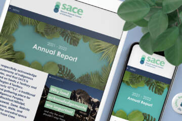 A Tablet And Smartphone Displaying The 2021-2022 SACE Annual Report Land Acknowledgement With A Leafy Plant And White SACE Button That Reads "Listen. Believe. Support. Since 1975" On A Blue Background.