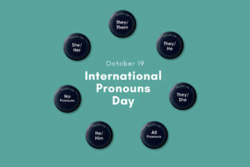 Seven Small Dark Blue Pronoun Buttons In A Circle With "She/her" "He/him" "They/them" "They/she" "They/he" "All Pronouns" "No Pronouns" Written On Each Button. Text In The Middle Reads "October 19 International Pronouns Day" On A Mint Green Background.