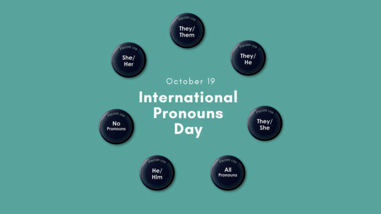 Seven small dark blue pronoun buttons in a circle with "She/her" "He/him" "They/them" "They/she" "They/he" "All pronouns" "No pronouns" written on each button. Text in the middle reads "October 19 International Pronouns Day" on a mint green background.