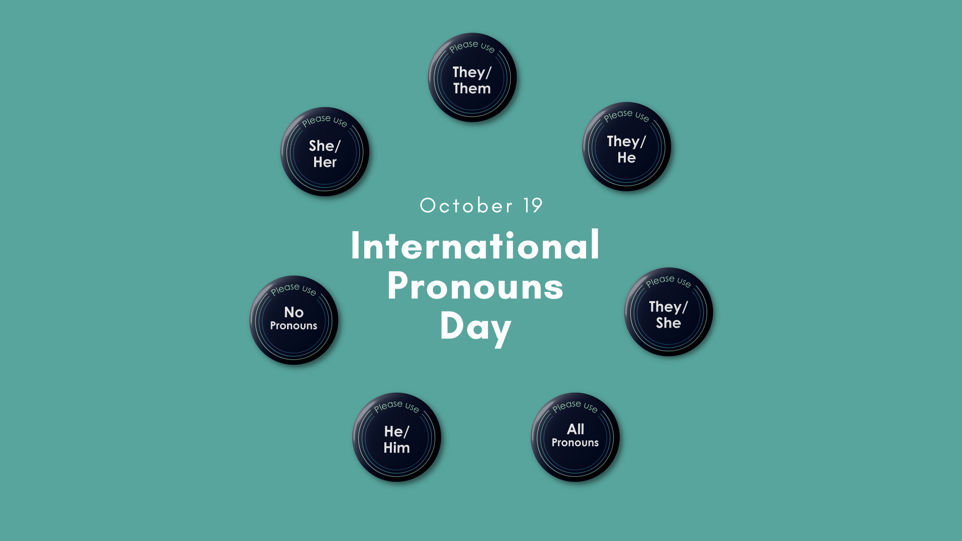 Seven small dark blue pronoun buttons in a circle with "She/her" "He/him" "They/them" "They/she" "They/he" "All pronouns" "No pronouns" written on each button. Text in the middle reads "October 19 International Pronouns Day" on a mint green background.