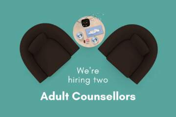 Two Chairs Facing Each Other On A Teal Green Background, With Text That Says "We're Hiring Two Adult Counsellors"