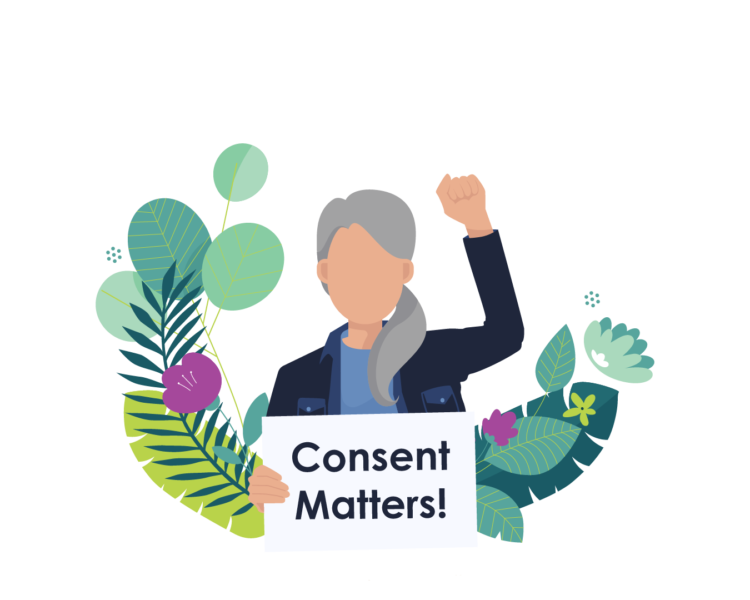 A grey-haired woman holds a sign that reads "Consent Matters!" with fist raised in the air