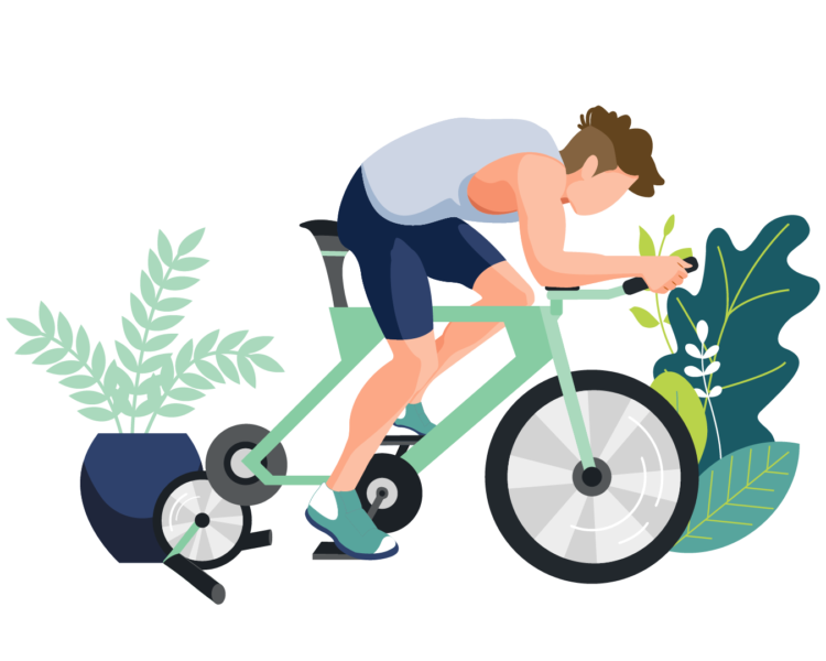 Artboard 1 A cyclist with a short haircut is shown mid-workout on a stationary bike