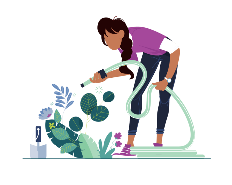 An illustration of a long-haired femme person shows her watering a garden with a hose