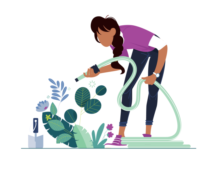 Space Makers 2 An illustration of a long-haired femme person shows her watering a garden with a hose