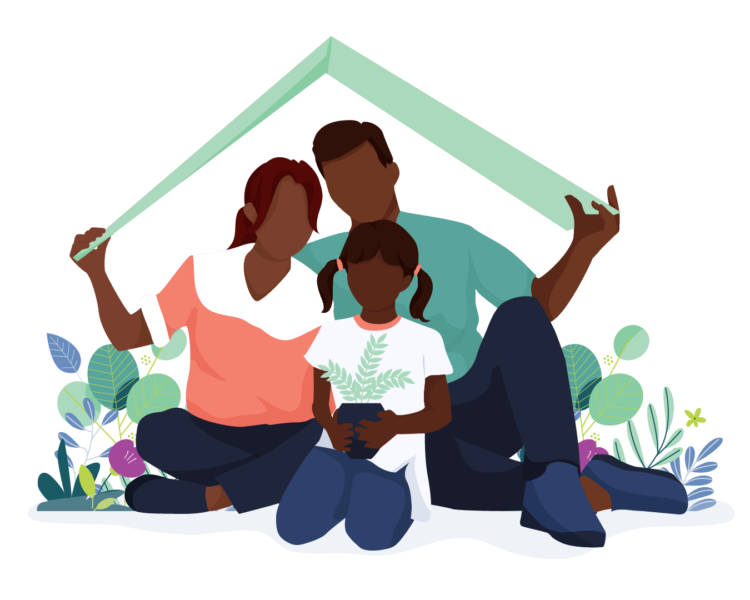 An illustration of a three-person family of colour with young child sits together under a little roof the parents are holding up