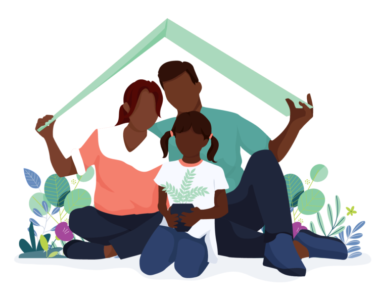 Space Makers 2a An illustration of a three-person family of colour with young child sits together under a little roof the parents are holding up