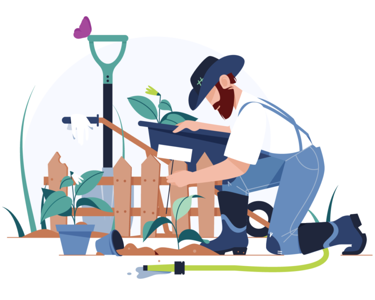 An illustration of a white man with a beard shows him planting a garden, surrounded by the tools to make this garden space