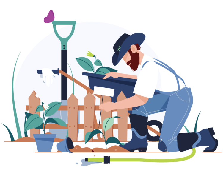 Space Makers 3 An illustration of a white man with a beard shows him planting a garden, surrounded by the tools to make this garden space