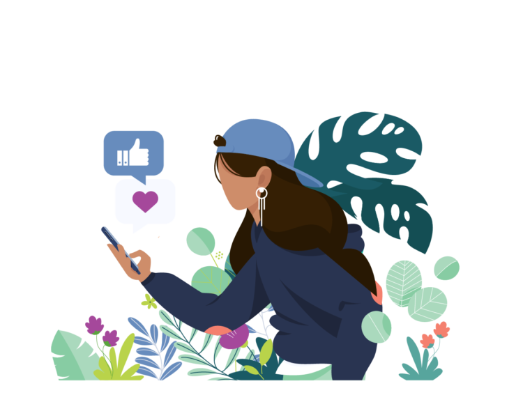 A long-haired young person is shown in a stylized illustration among colourful plants, looking at a phone with a "like" icon sitting above to indicate they're on social media