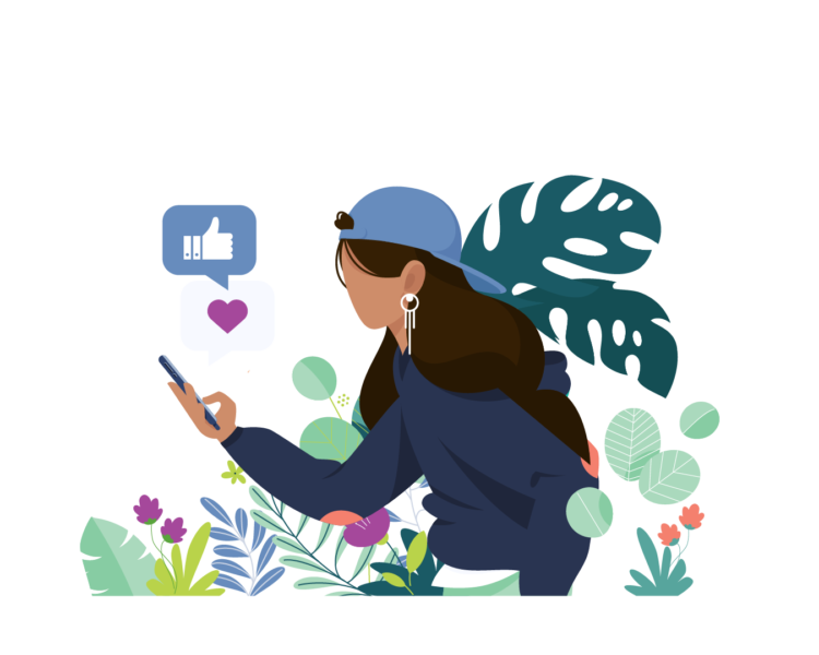 Supporters 3b A long-haired young person is shown in a stylized illustration among colourful plants, looking at a phone with a "like" icon sitting above to indicate they're on social media