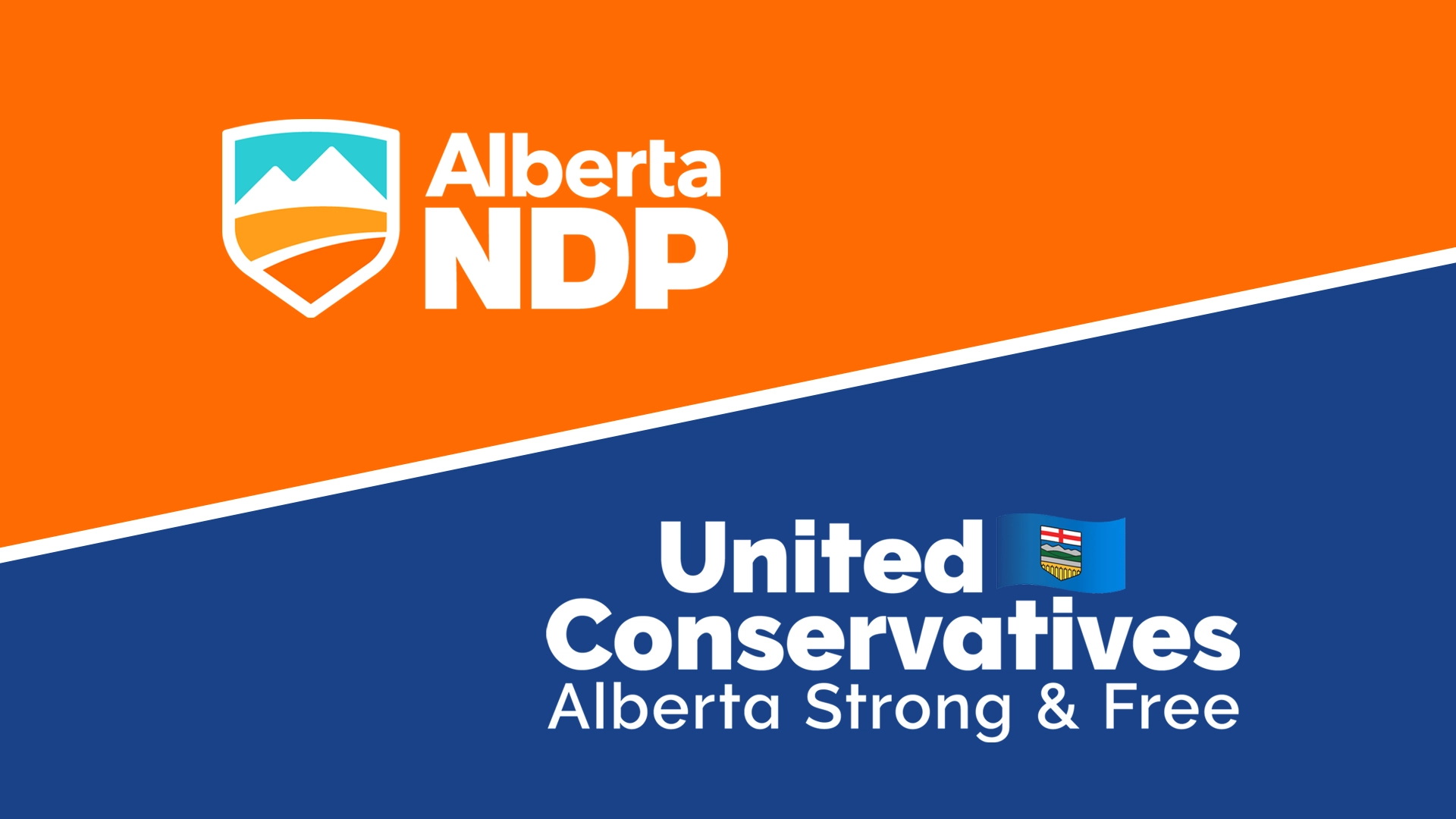 white alberta NDP logo on an orange background and white UCP logo on a blue background below it