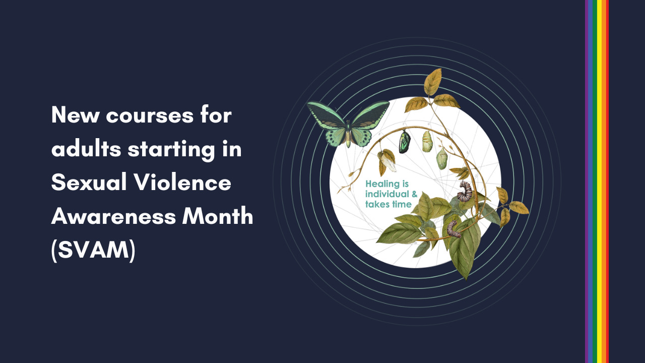 Dark banner with rainbow ribbon along right side, text says "New online education for adults starting in Sexual Violence Awareness Month (SVAM)" and butterfly metamorphosis imagery with text that says "Healing is individual & takes time"