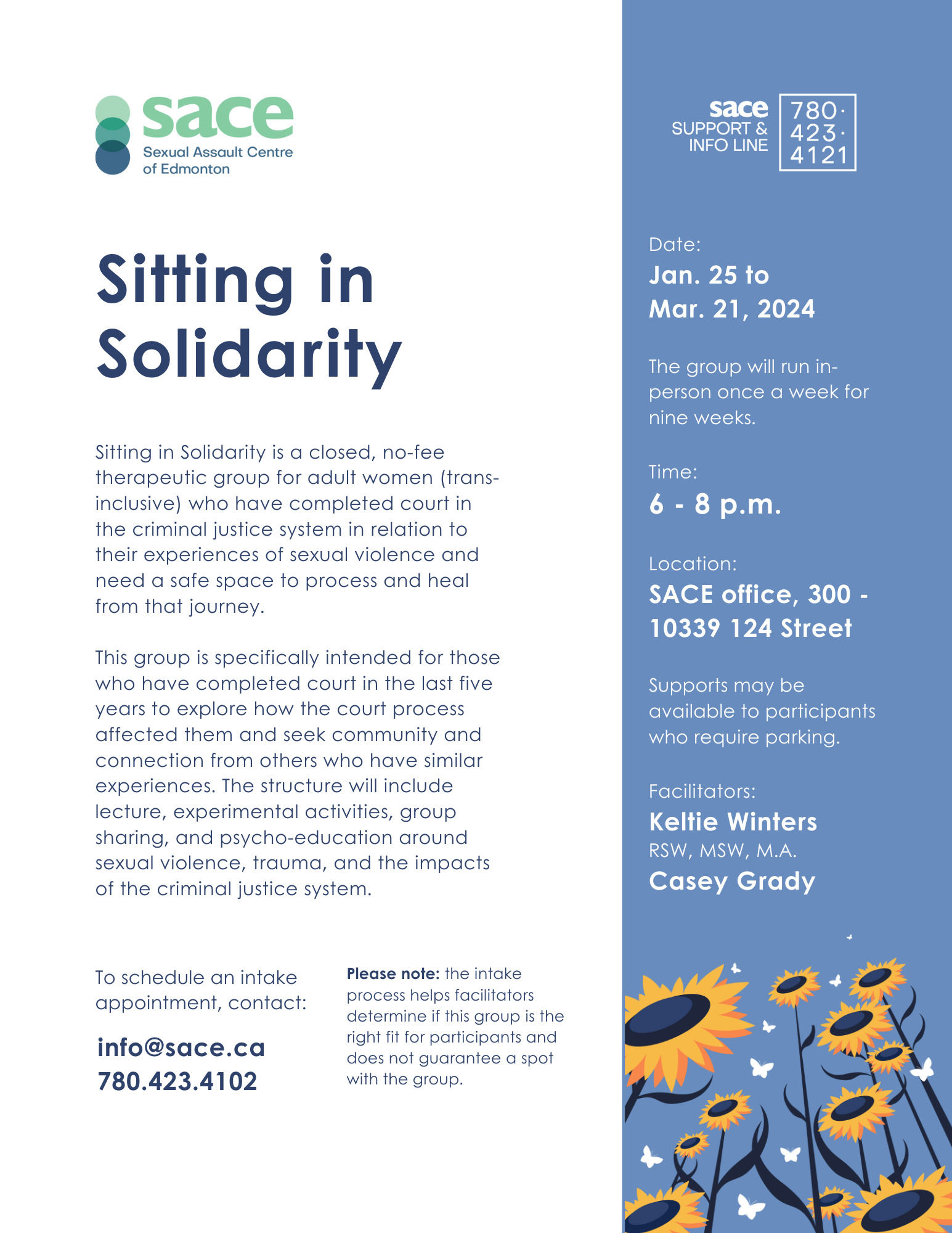 Sitting in Solidarity poster with illustrated sunflowers on a blue background and information on the group. For full text, visit https://20.175.202.229/sace-services/group-counselling/#1690841199585-a4ea19f9-e200.