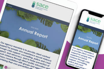 A Tablet And A Smartphone Displaying The SACE 2022-2023 Annual Report On A Magenta Background With White Circle.