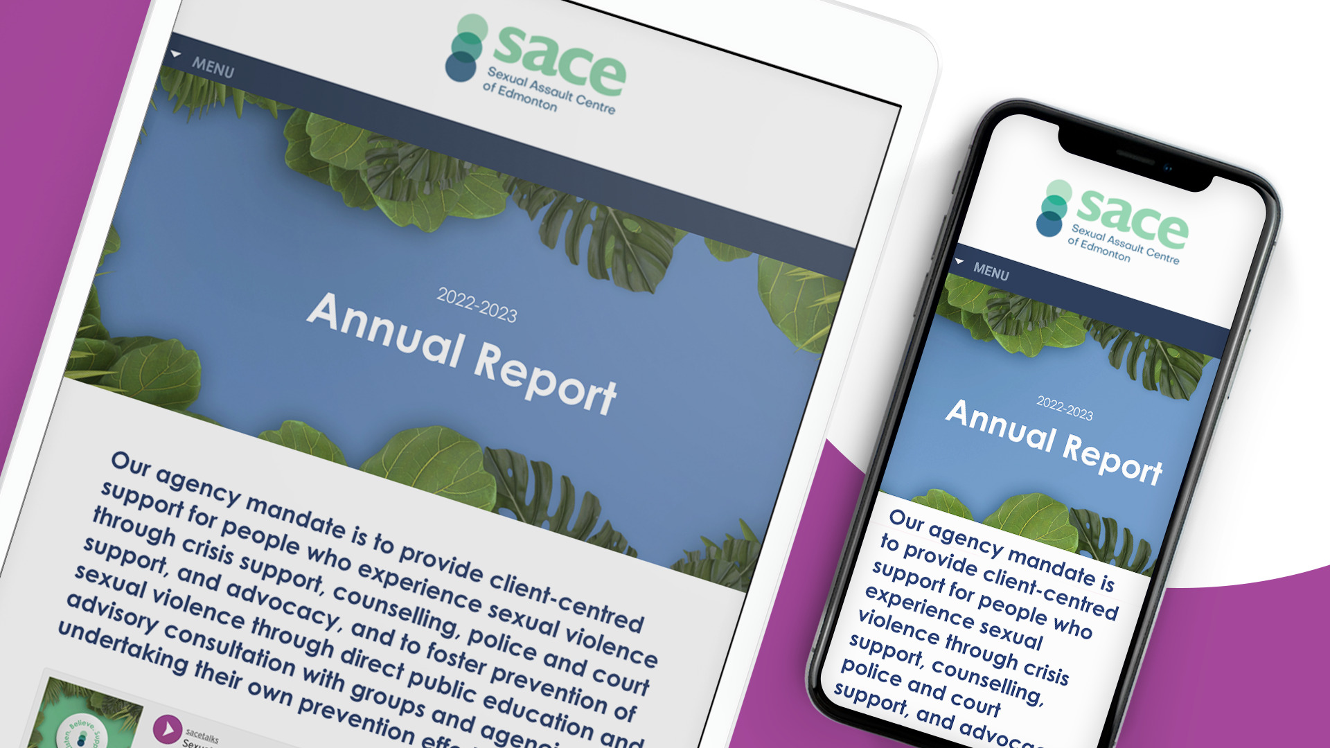 A tablet and a smartphone displaying the SACE 2022-2023 Annual Report on a magenta background with white circle.