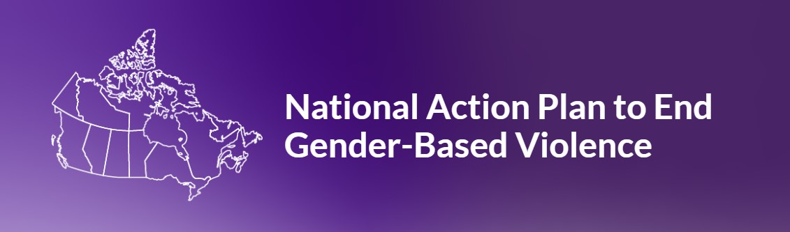Map of Canada outline and text that says "National Action Plan to End Gender-Based Violence" on a purple background