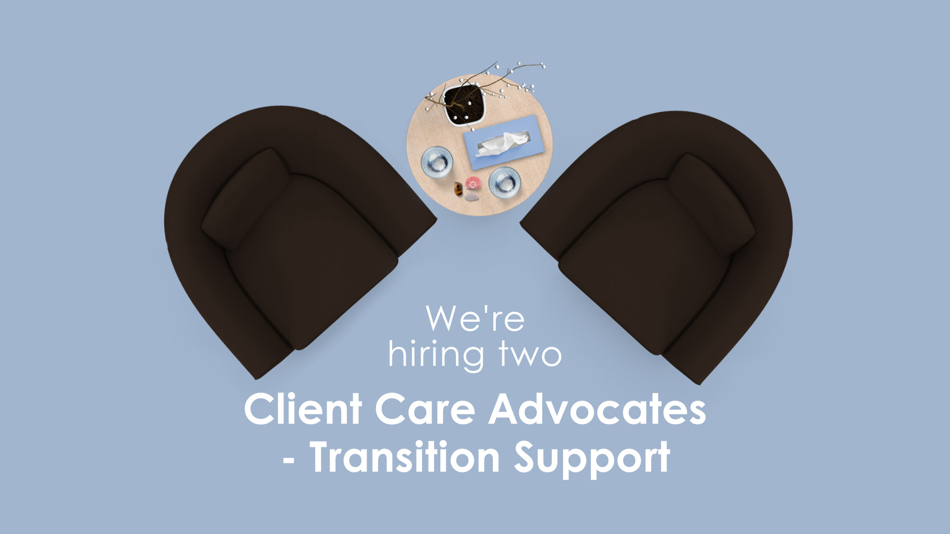 Light blue background with two dark chairs and a small table with two glasses of water, a tissue box, and a plant. Text says 'We're hiring two Client Care Advocates - Transition Support'