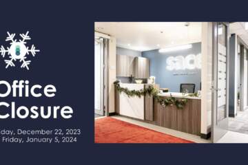 Dark Banner With A Photo Of The SACE Reception Desk With SACE Sign On A Blue Wall, Holiday Decorations, And A Red Carpet. The SACE Circle Logo Is Centred In A Snowflake Design And Text Says "Office Closure Friday, December 22, 2023 To Friday, January 5, 2024"