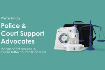 Mint Green Background With SACE Resource, Package Of Tissue, Water Bottle, Black Laptop Bag And Scales Of Justice With Text "We're Hiring Police And Court Support Advocates" "Please Send Resume & Cover Letter To Info@sace.ca"