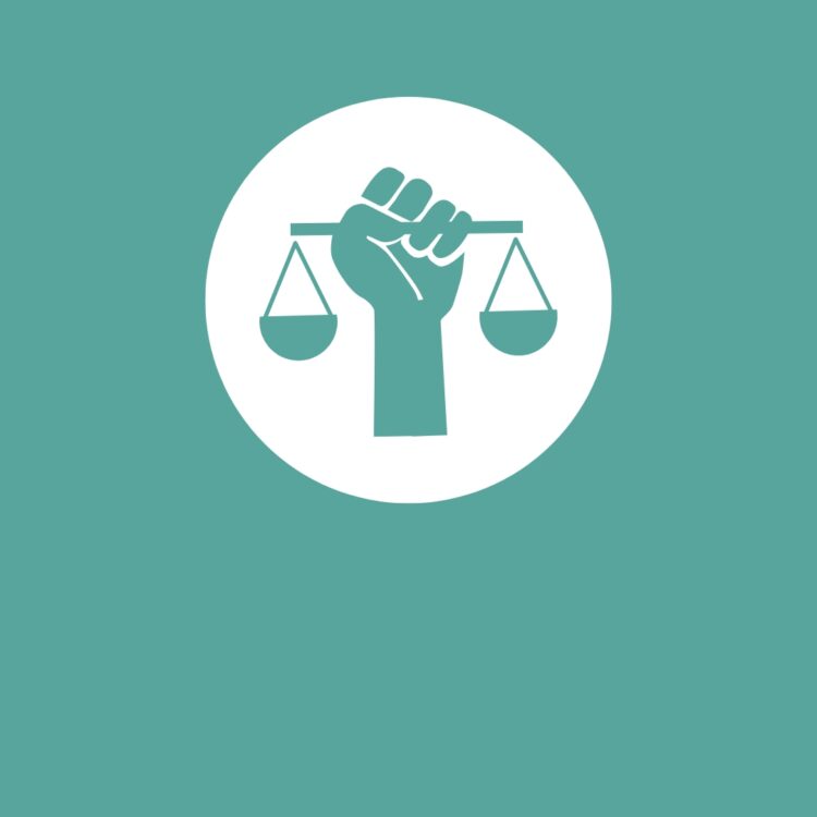 The scales of restorative justice, a solidarity fist holding an old-fashioned scale.