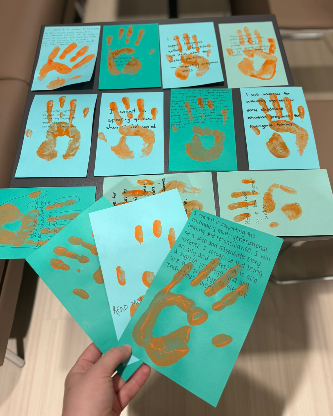 Cards filled out by SACE employees about their commitment to Truth and Reconciliation
