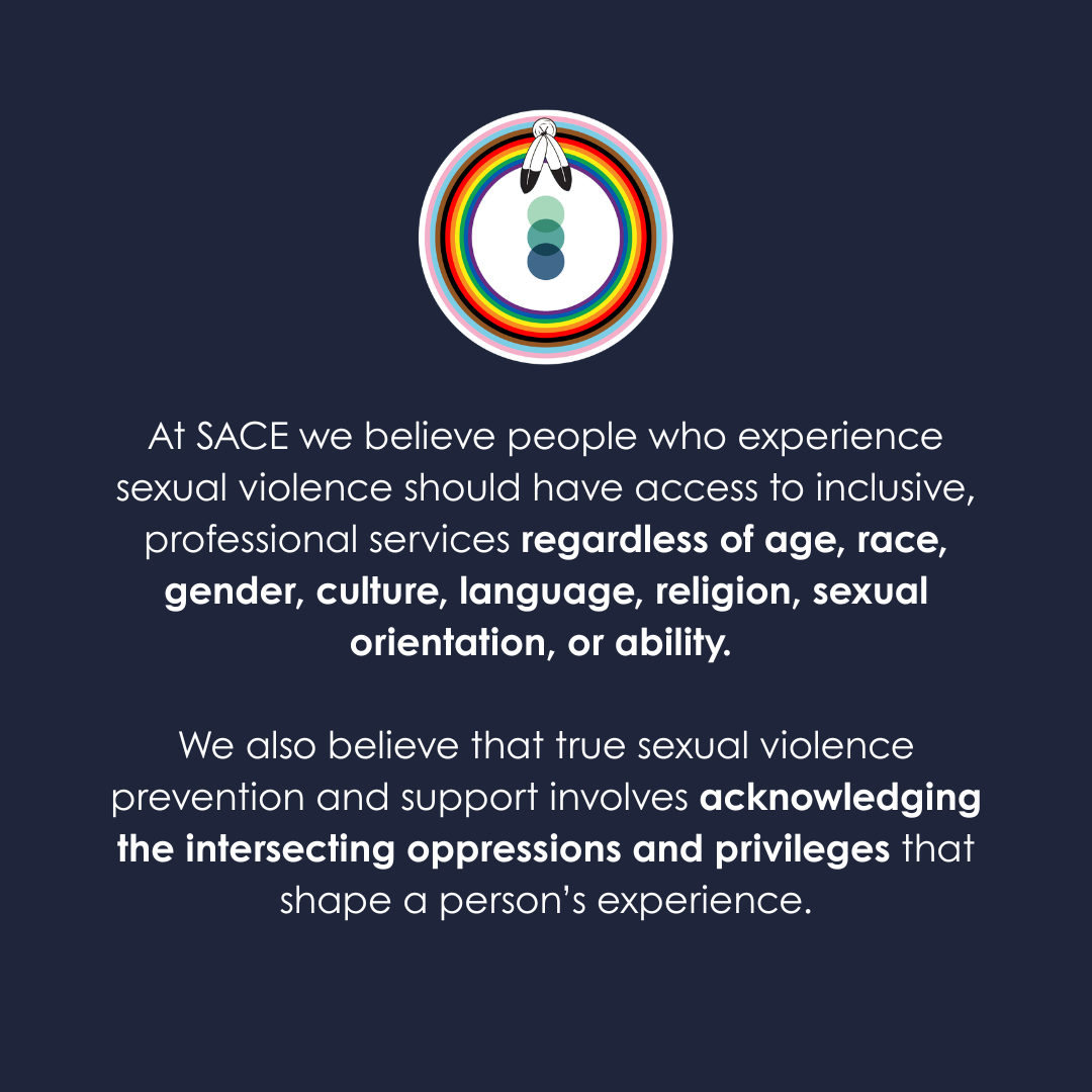 At SACE we believe people who experience sexual violence should have access to inclusive, professional services regardless of age, race, gender, culture, language, religion, sexual orientation, or ability.
We also believe that true sexual violence prevention and support involves acknowledging the intersecting oppressions and privileges that shape a person’s experience.